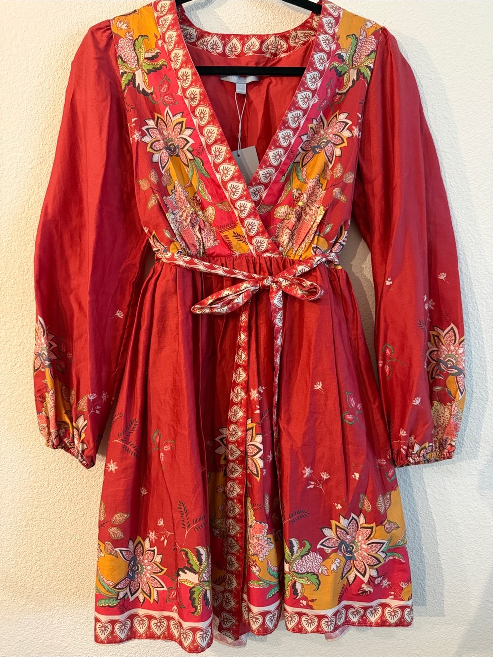 ANTONIO MELANI Red Floral Embroidered V-Neck Wrap Dress